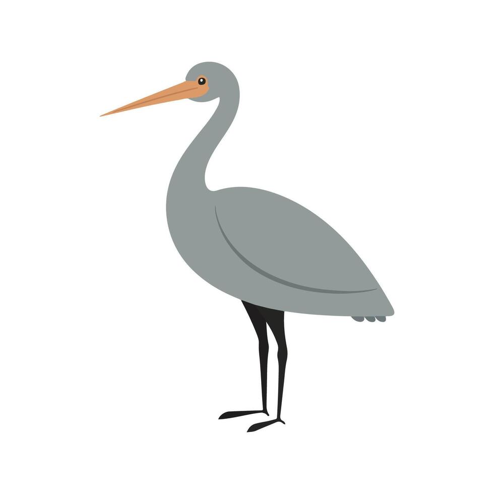 Flat illustration of a stylized crane with gray body, orange beak, and slender neck, minimalistic design, cartoonish style, plain white background vector
