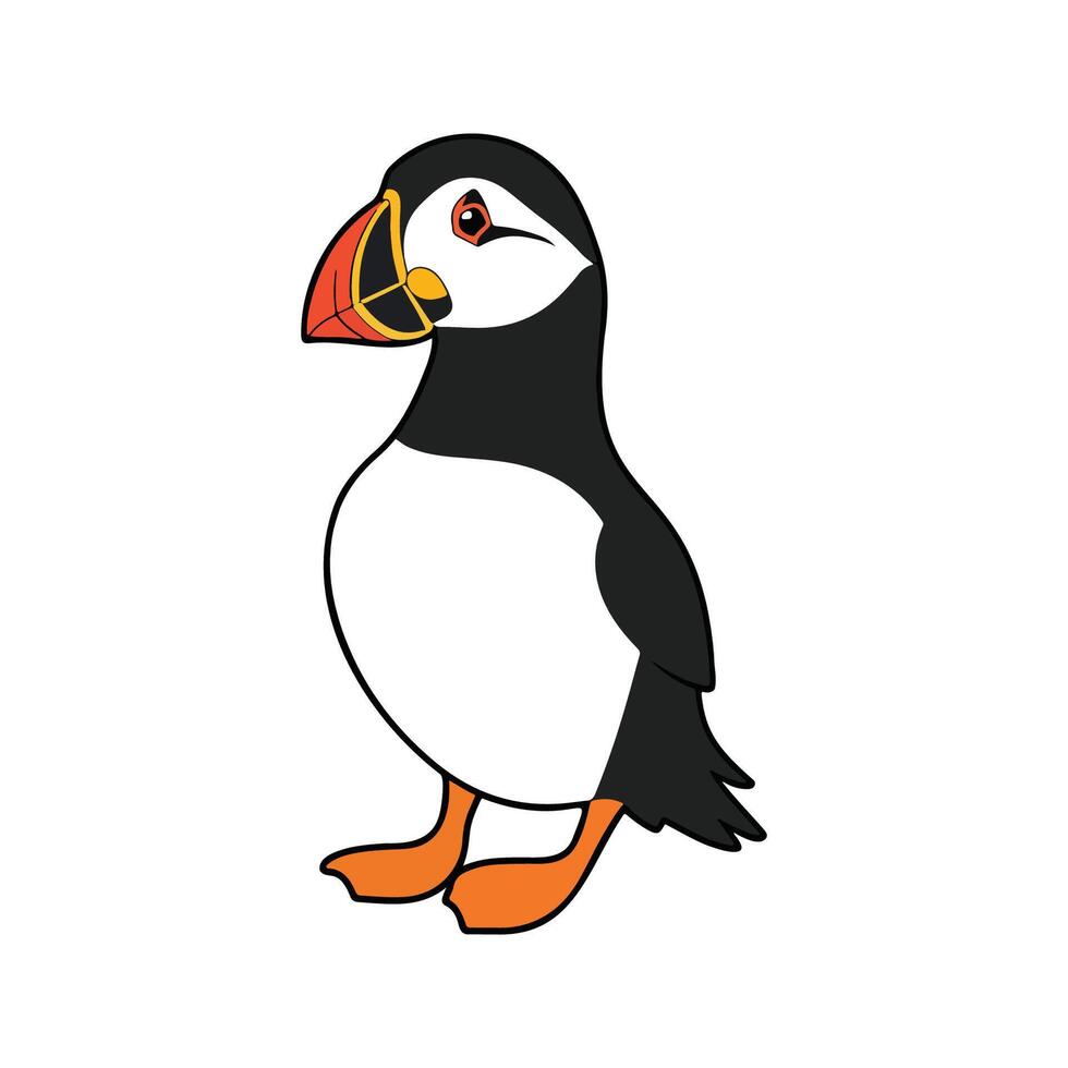 Flat illustration of a stylized Atlantic puffin with black body, orange beak, and white belly, minimalistic design, plain white background vector