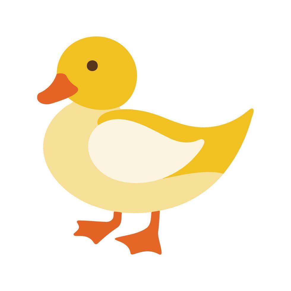 Flat illustration of a stylized duck with yellow body, orange beak, and small feet, minimalistic design, cartoonish style, plain white background vector