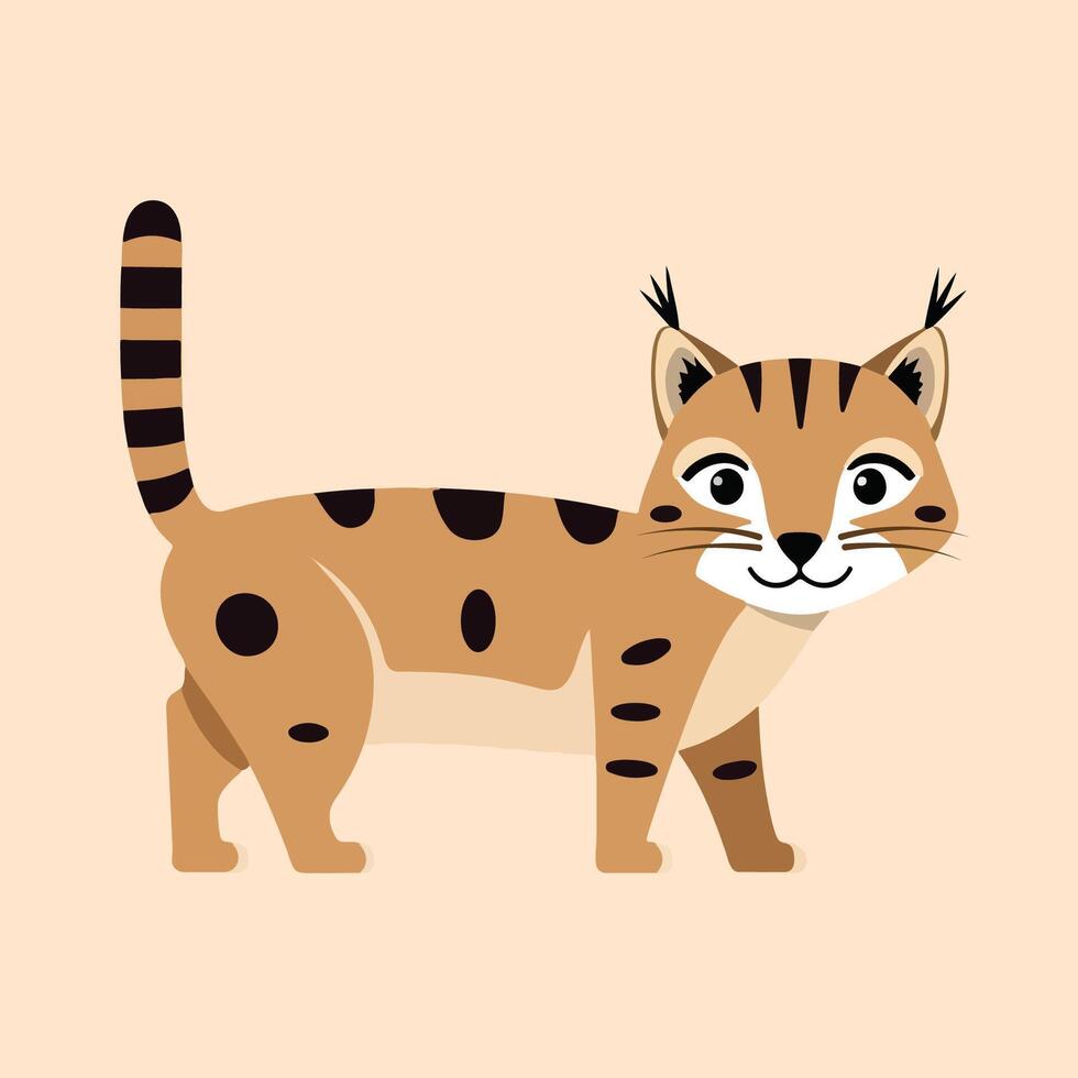 Flat Bobcat Illustration, Cartoon Design with Brown Body and Tufted Ears, Minimalist Modern Style vector