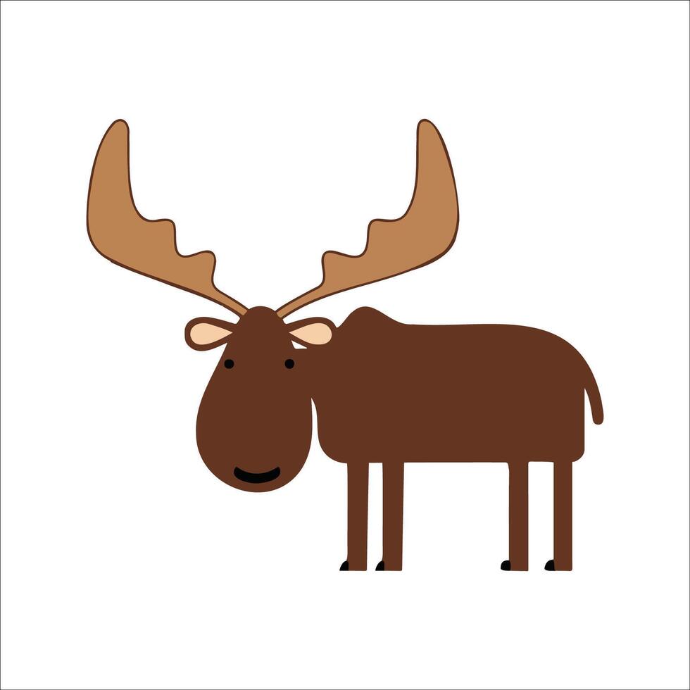 Flat Moose Illustration, Cartoon Design with Brown Body and Wide Antlers, Clean Minimalist Aesthetic vector