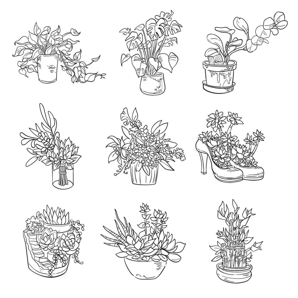 set of Artistic Flower Pot Line Art - Creative Coloring Page vector
