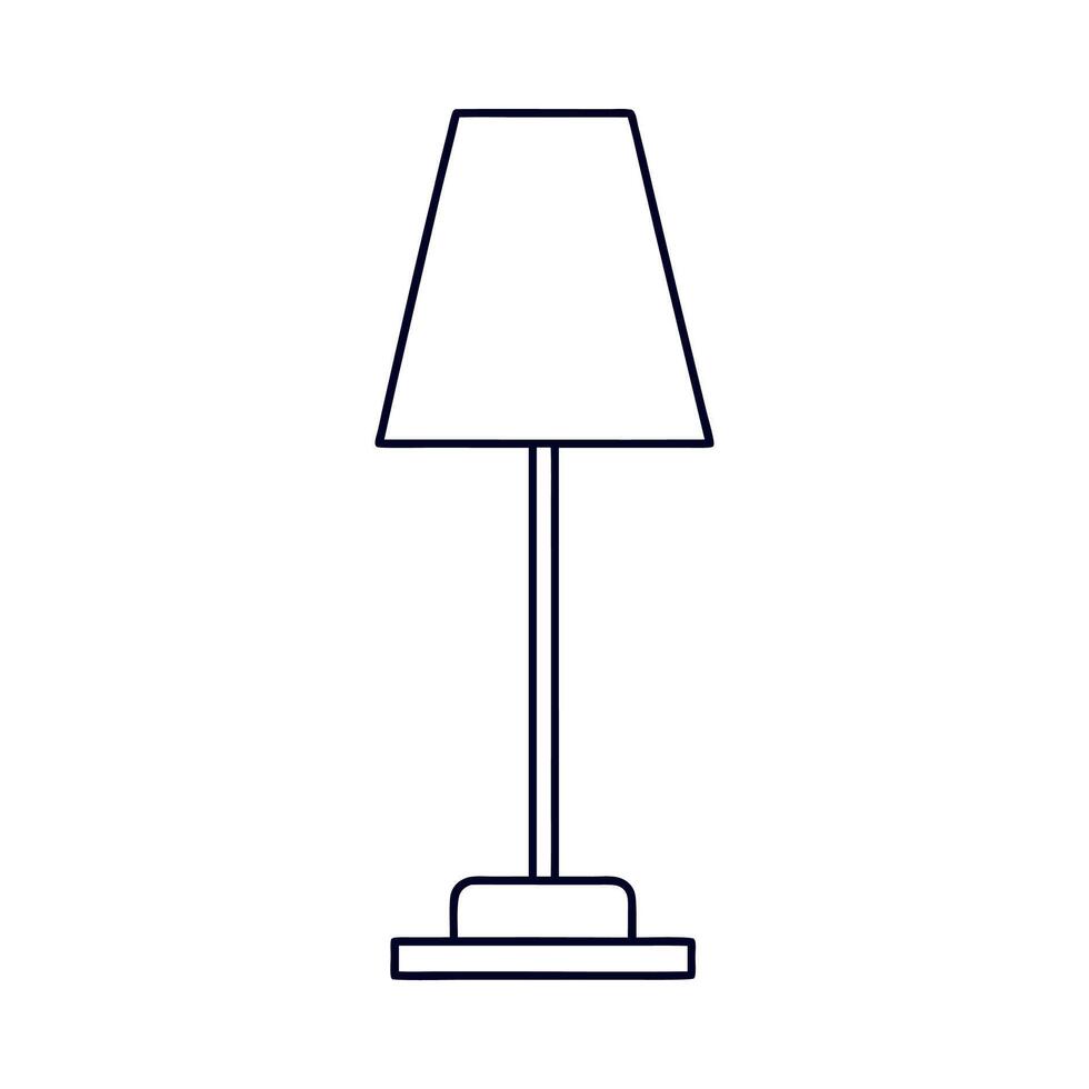minimalist table lamp, black and white line drawing, simple design, triangular lampshade, straight pole stand, rectangular base, modern decor, isolated on a white background vector