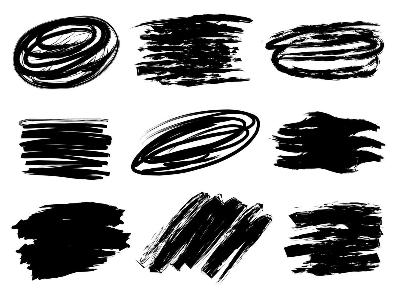 Hand drawn of black grungy round and square brush stroke scribble circle collection isolated. vector