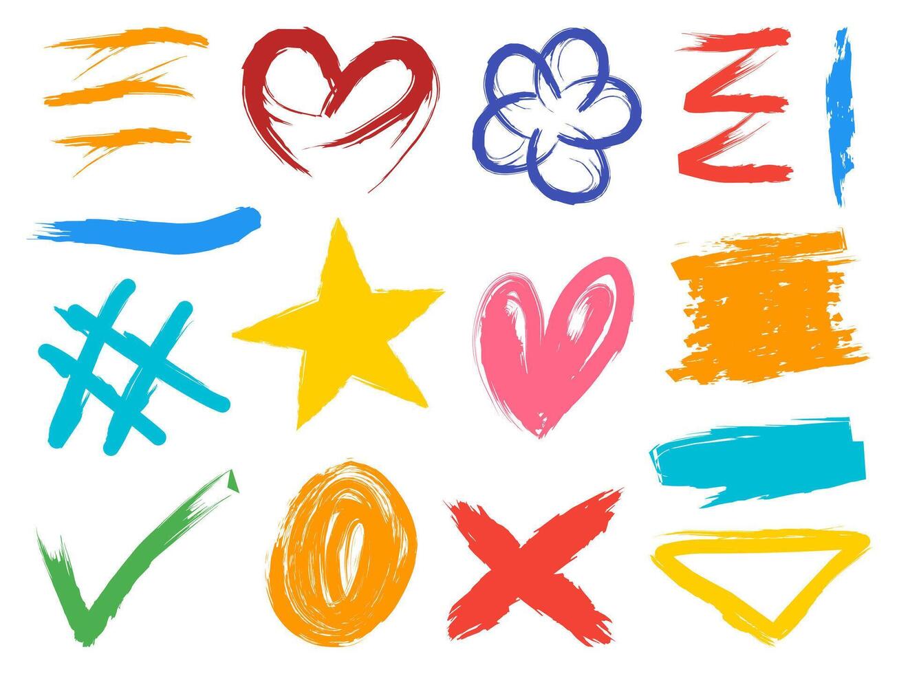 Childish drawing brush stroke of line, love shape, round, correct sign, star, square, rectangle and another geometric shapes isolated. vector