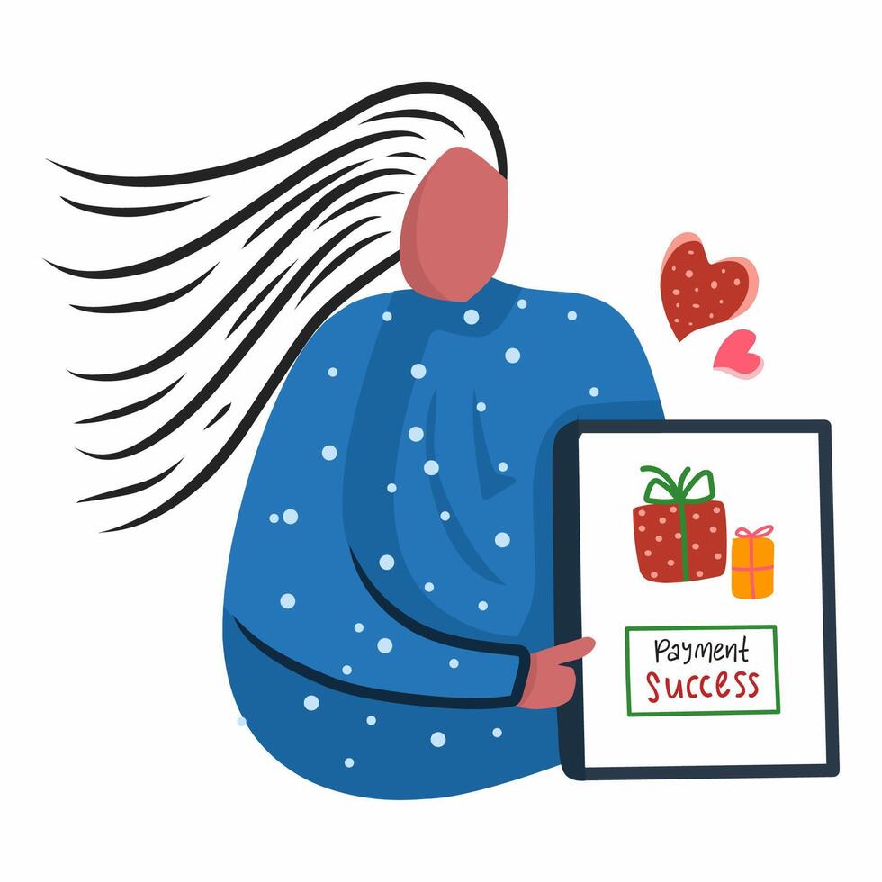 Flat illustration of long hair women shopping online and showing her successful payment via her mobile phone for flash sale advertising, marketing and business concept. vector