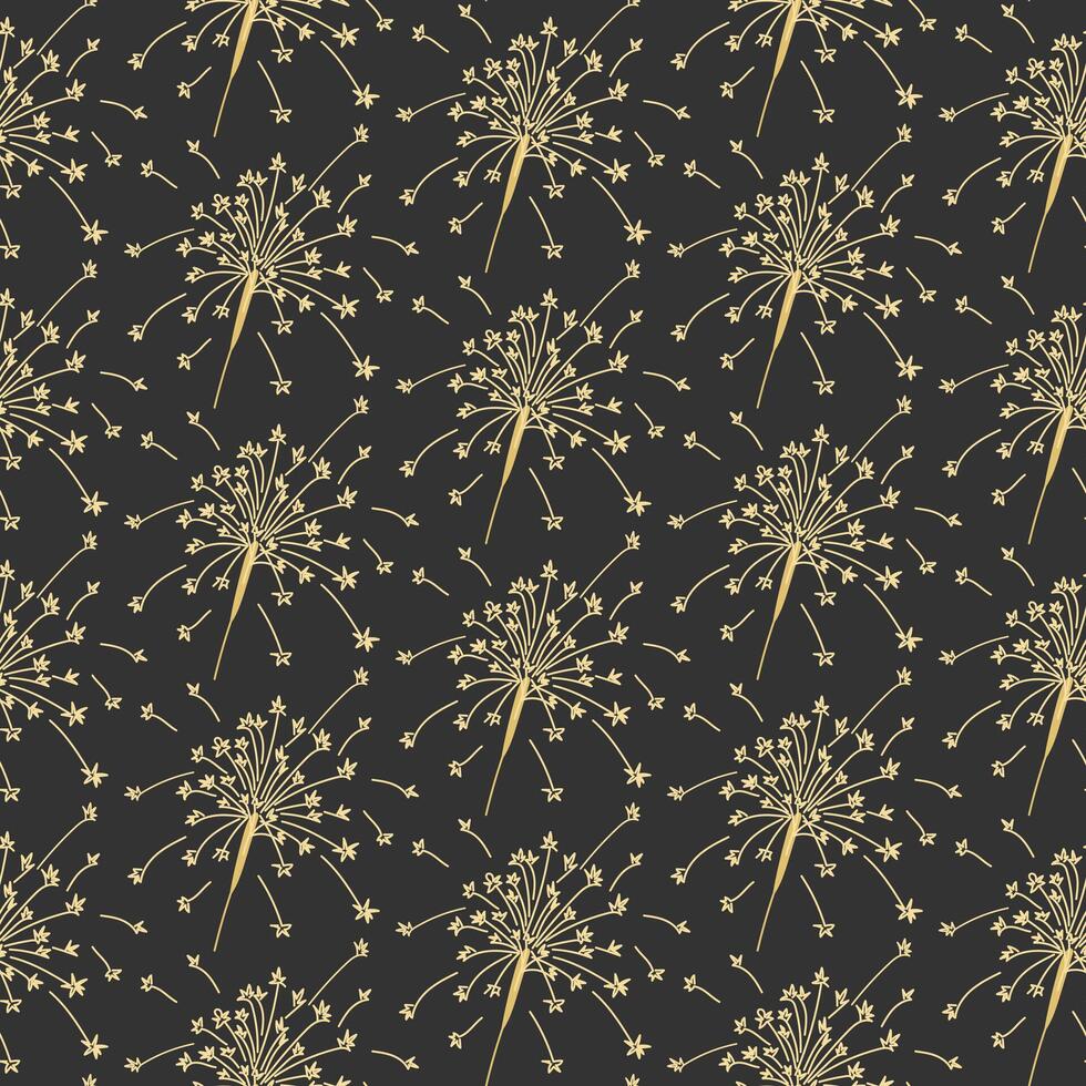 Elegant seamless pattern with golden fireworks on dark background, evoking celebration, luxury, and festive charm. Illustration for new Year celebrating vector