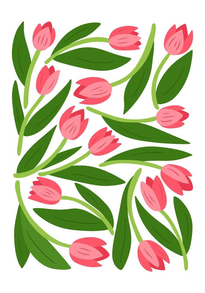 Bright and cheerful illustration of pink tulips with green leaves in retro 60s style. Interior poster symbolizing spring, growth, and natural beauty in minimalistic style vector