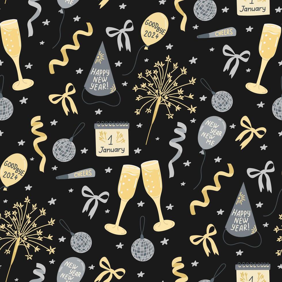 Celebratory New Years Eve seamless pattern with champagne glasses, balloons, sparkles, and festive decorations on dark background, perfect for New Year celebrations. vector