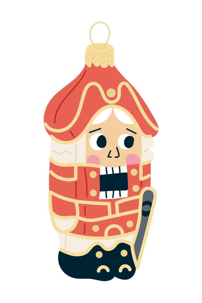 Colorful flat illustration of whimsical nutcracker ornament with red uniform and cheerful expression, representing festive Christmas decor vector