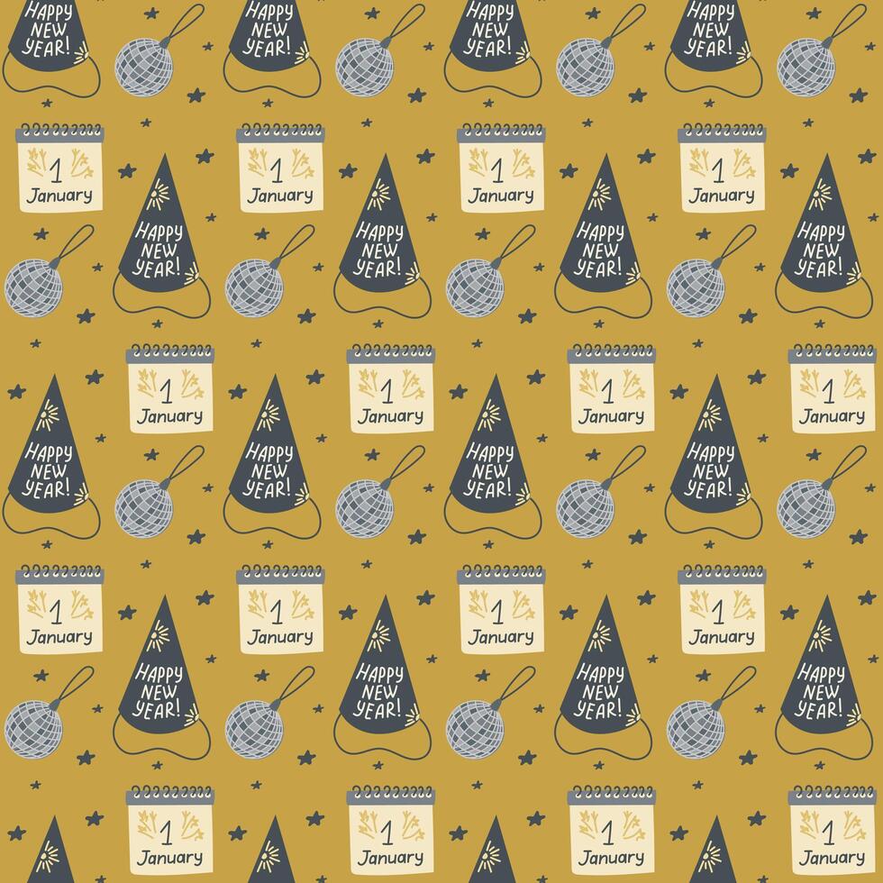Festive New Years pattern with party hats, calendars marked January 1st, disco balls, and stars on gold background , perfect for New Year celebrations vector