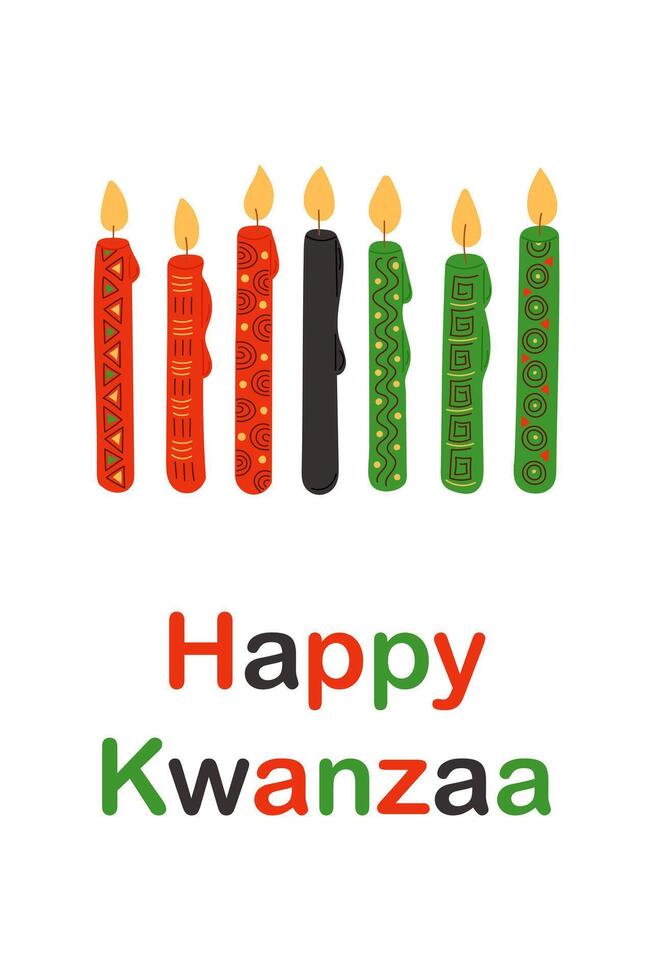 Colorful Kwanzaa greeting banner with seven symbolic candles in red, black, and green with traditional decorative patterns vector