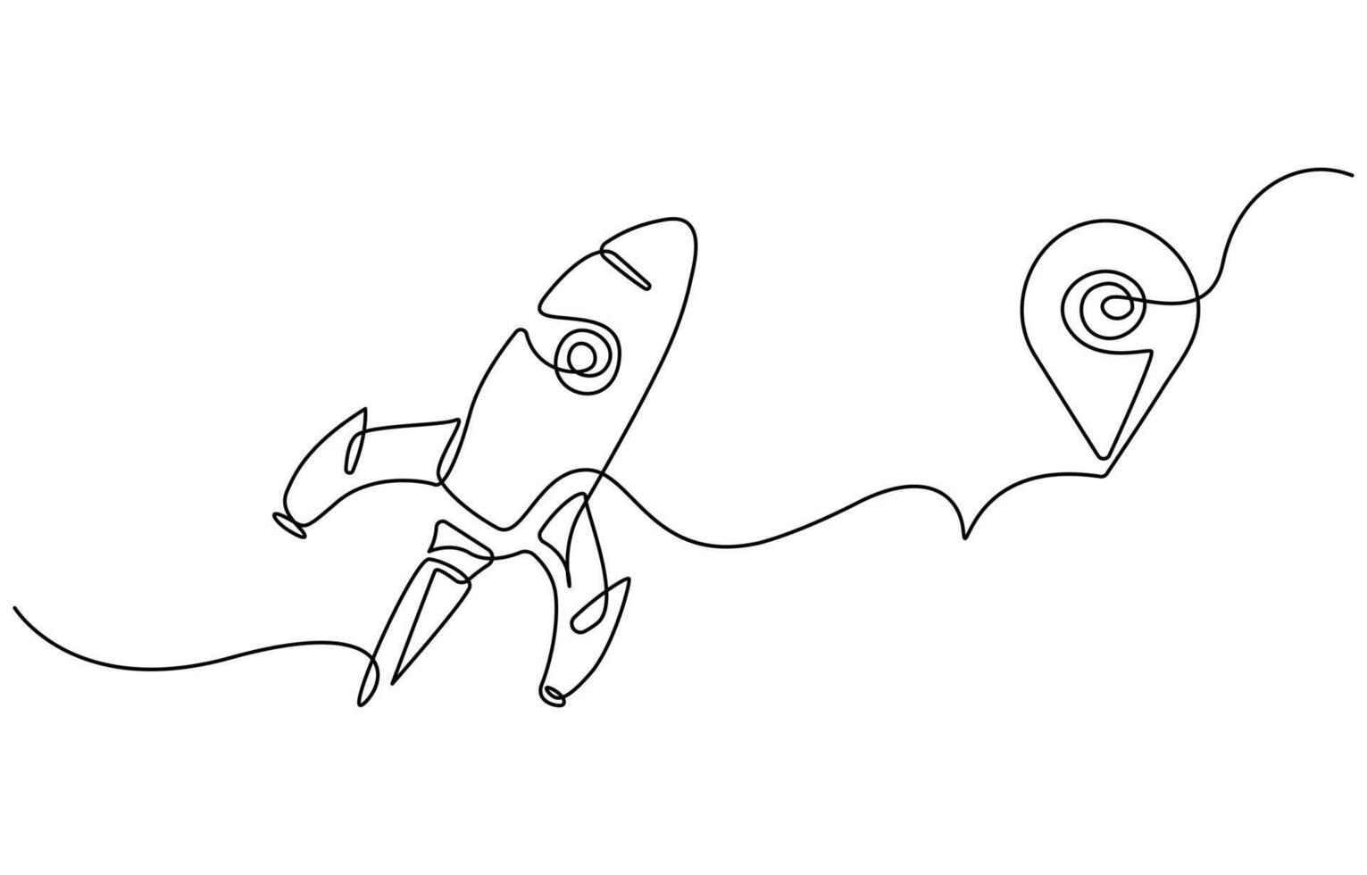 One continuous line drawing of simple retro spacecraft flying up to the outer space nebula vector