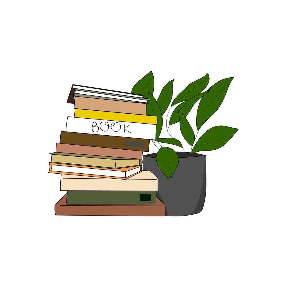 A stack of books and plant. A cozy stack of knowledge and growth. vector