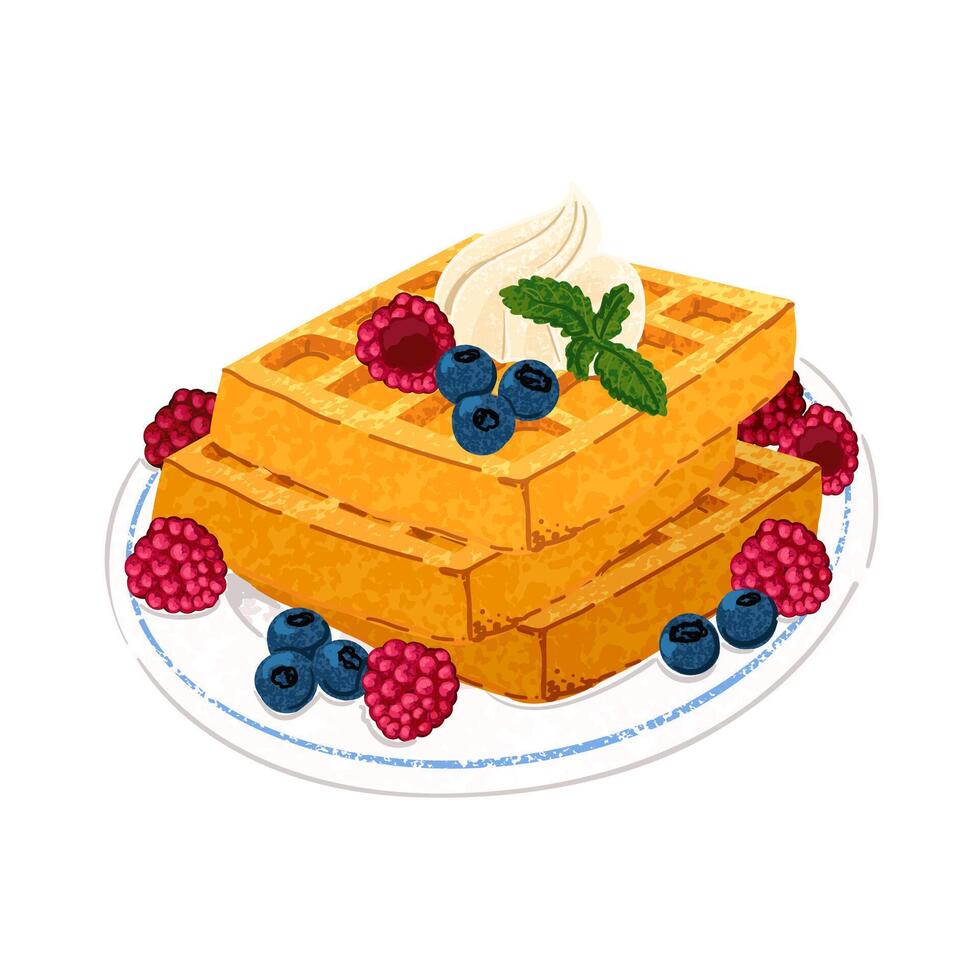 Colorful Textured Illustration of Waffles on a Plate Isolated on White Background vector
