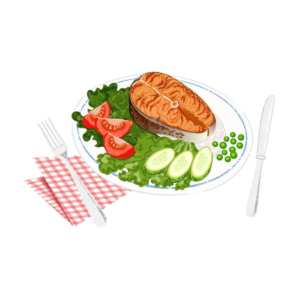 Colorful Textured Illustration of Dish with Red Fish Isolated on White Background vector