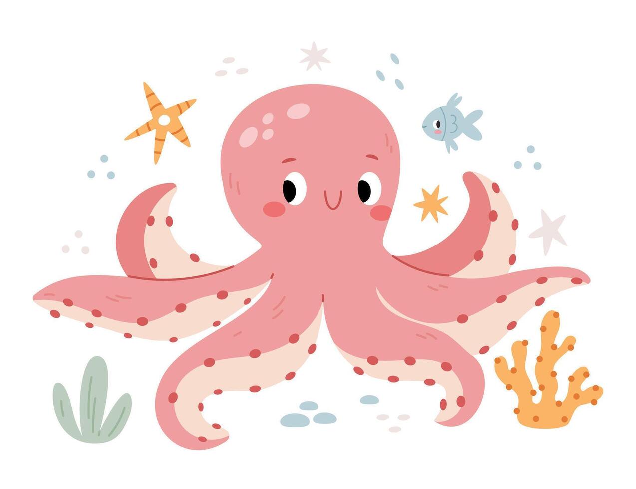 Octopus in a marine environment among fish, algae and corals. Modern minimalistic illustration in the Scandinavian kids style. vector