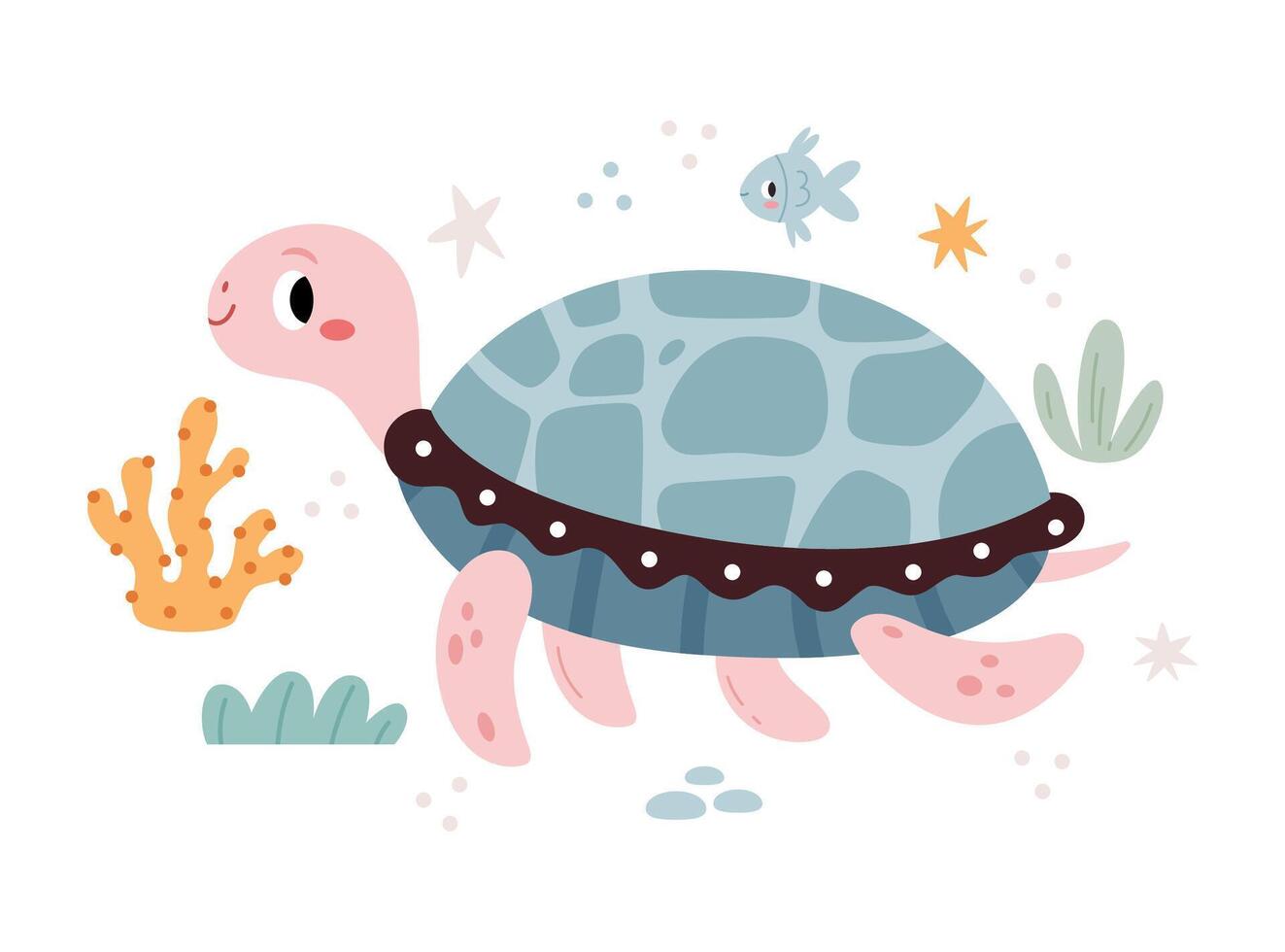 Turtle in a marine environment among fish, algae and corals. Modern minimalist illustration in Scandinavian kids style. vector