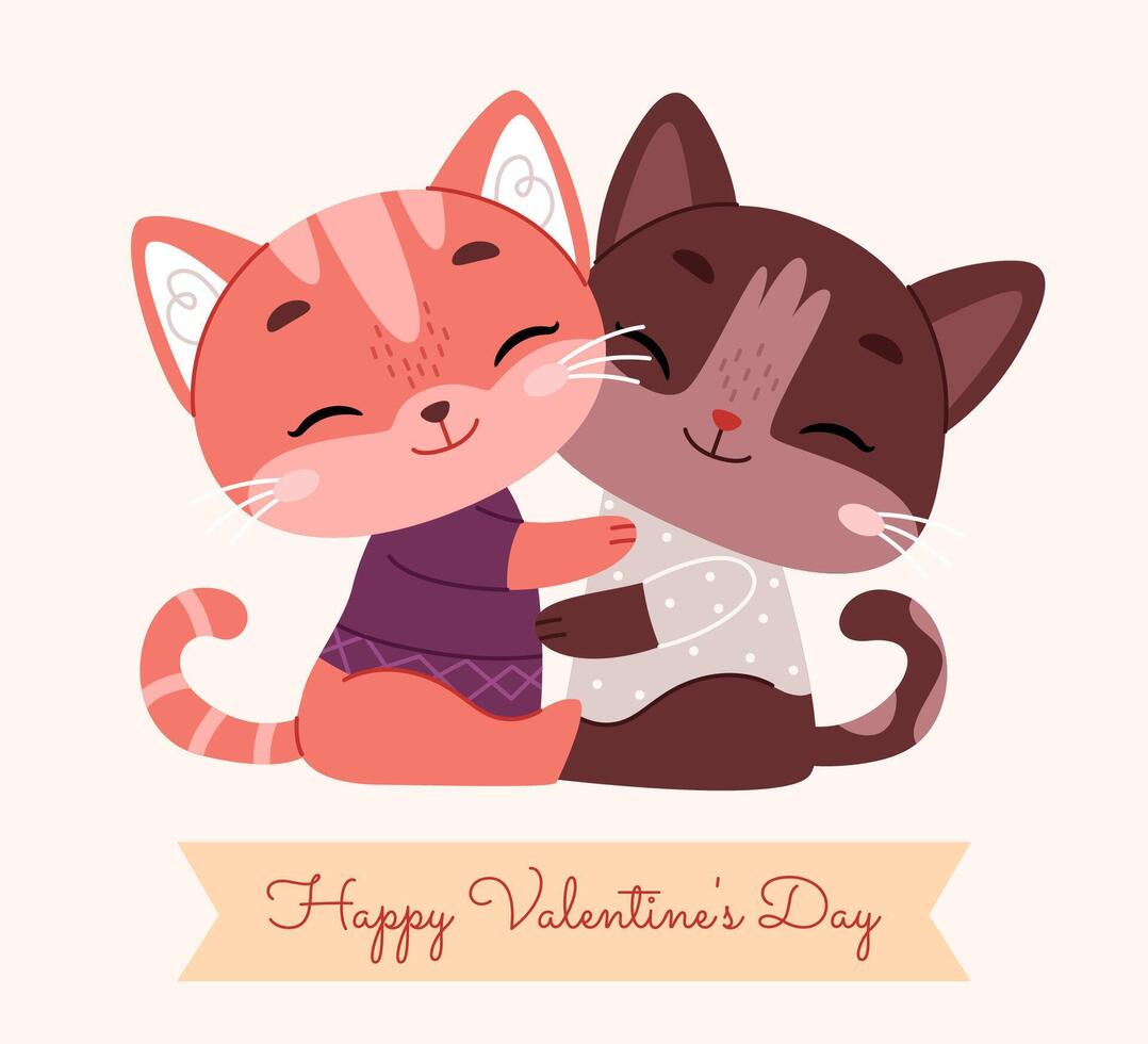 Very cute cats hugging. Red and brown cats in sweaters. Valentine's Day card. vector
