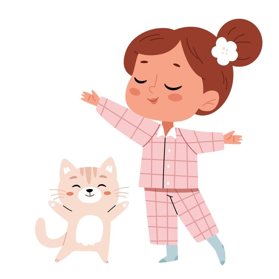 Morning yoga, warm-up. A girl in checkered pajamas does exercises or yoga with a cat.Happy girl workouts with funny cat at home. Female practices breathing exercises, meditates. vector