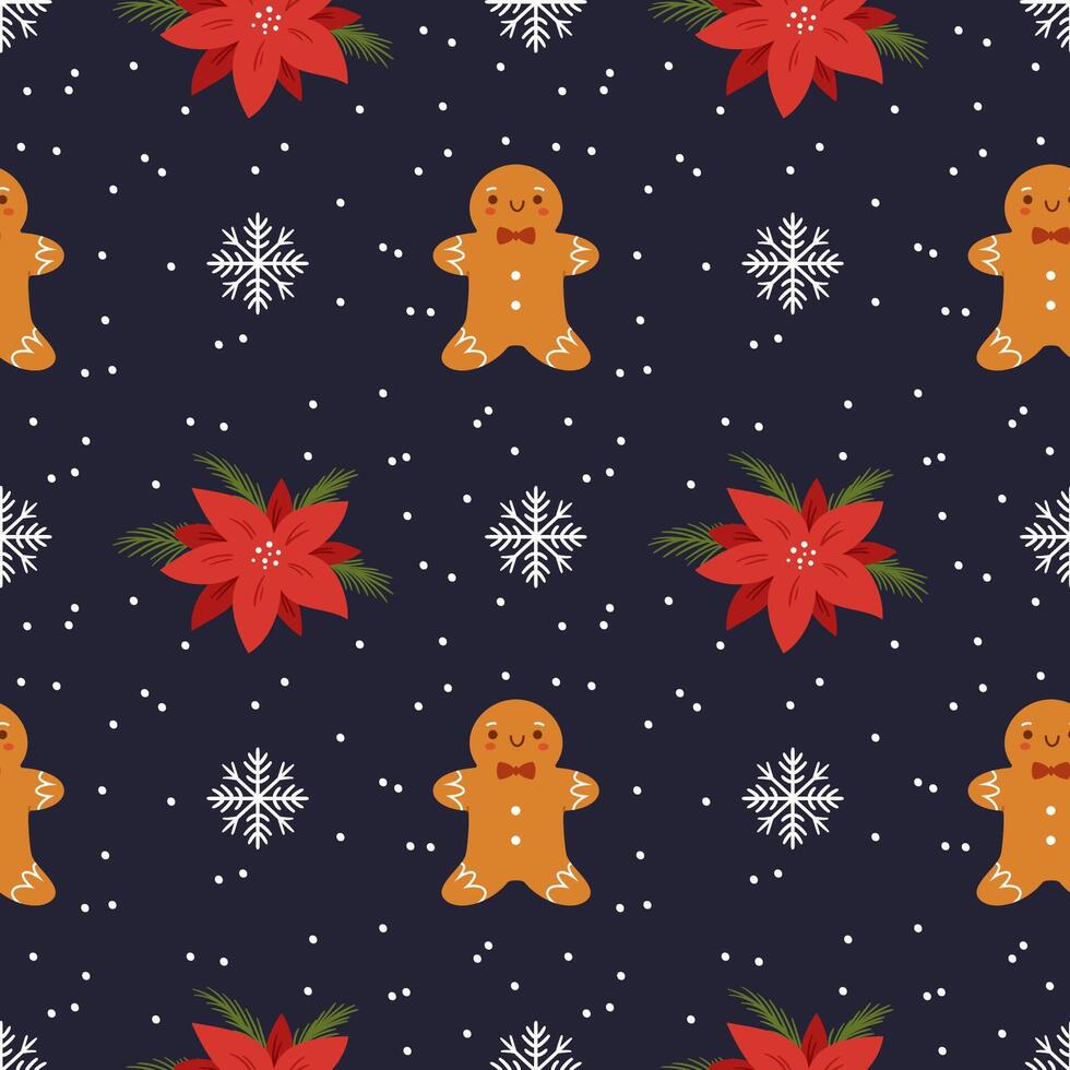 Christmas pattern with gingerbread, poinsettia and snowflakes.Christmas background. vector