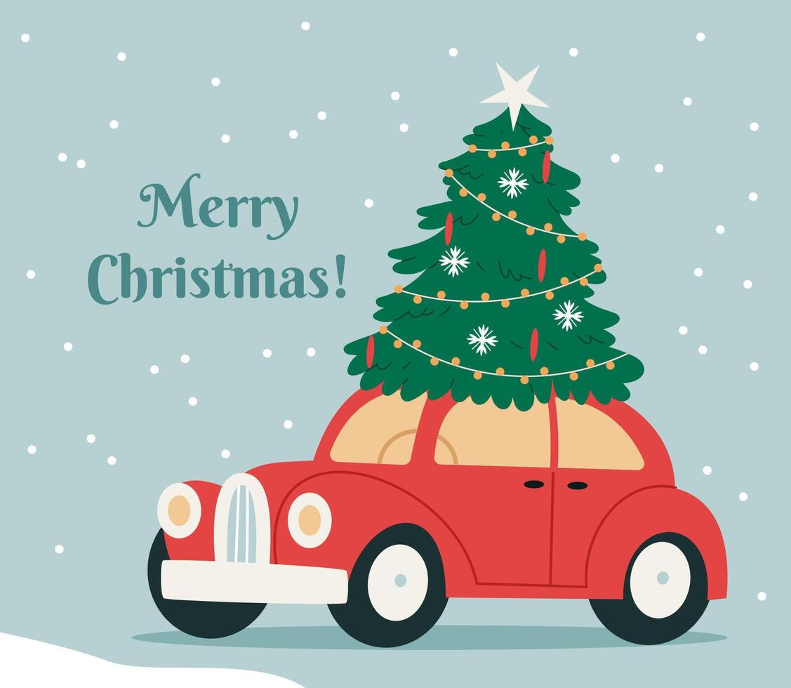 Red Christmas vintage car carrying a Christmas tree. Merry Christmas card. Modern minimalist illustration in Scandinavian style.Festive holiday greeting card, postcard design element. vector