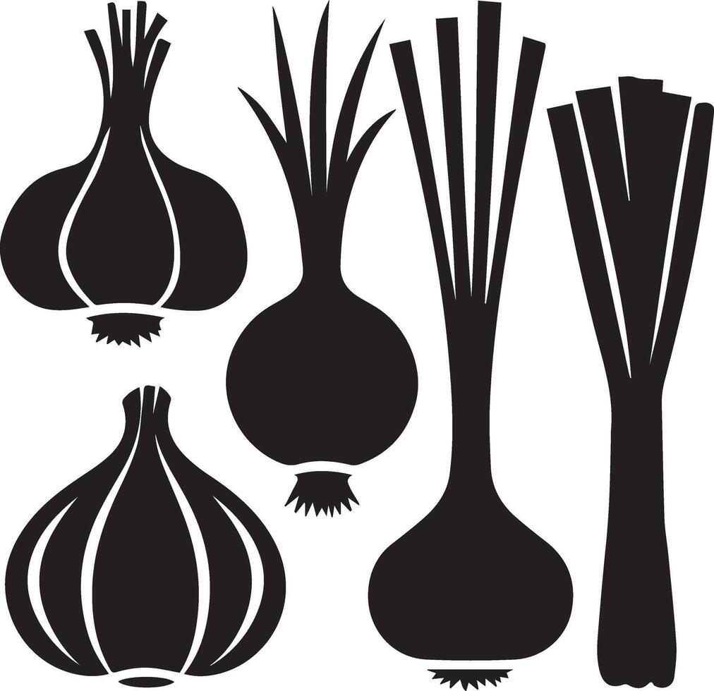 Illustration set of five vegetables illustrations like garlic, onion, scallion, leek, and shallot. vector