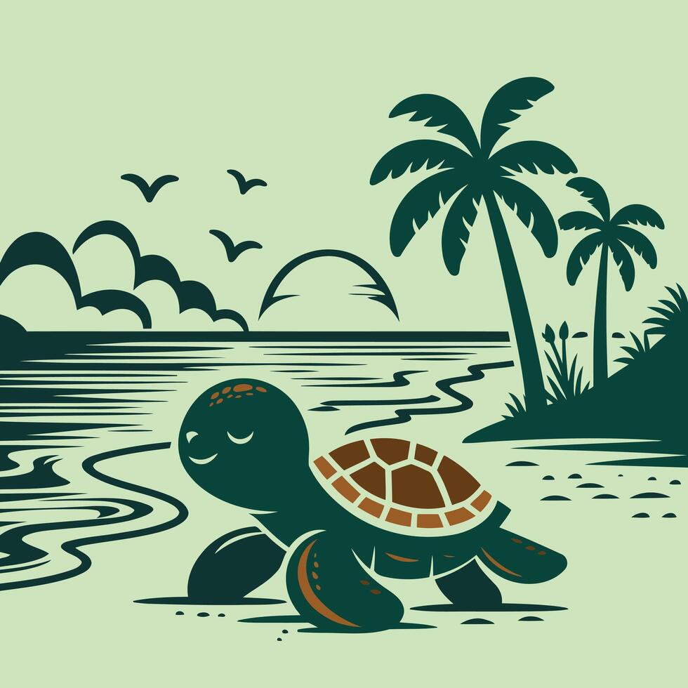 A Turtle On The Beach With Palm Trees And The Ocean. vector