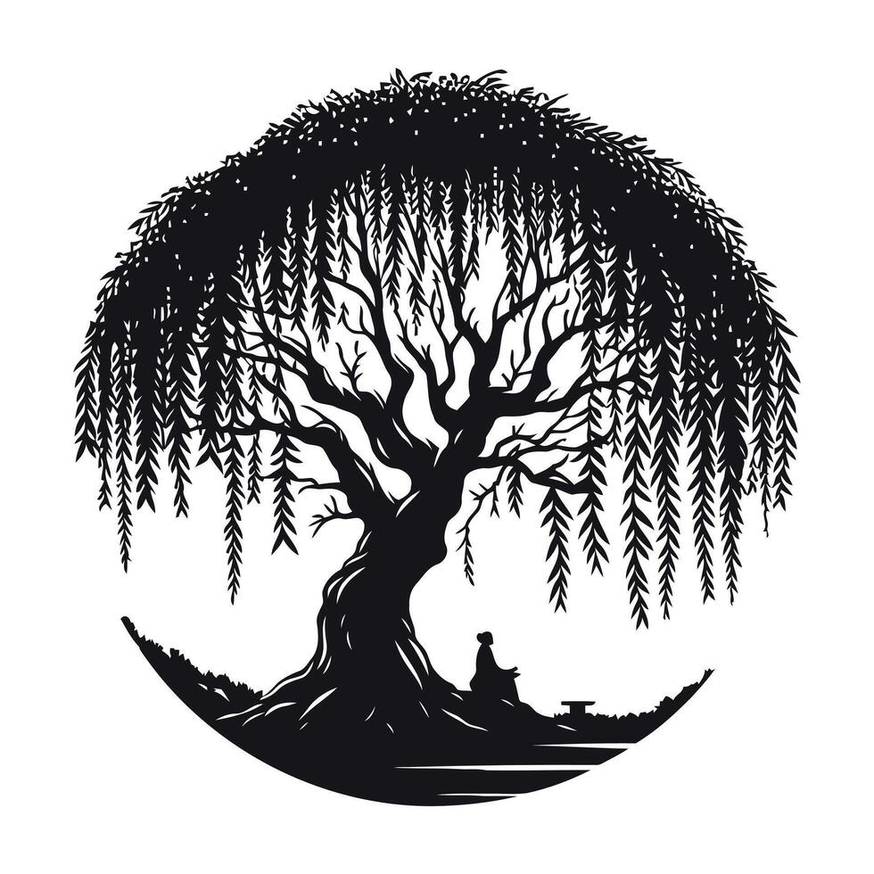 A black and white illustration of a tree with a willow vector