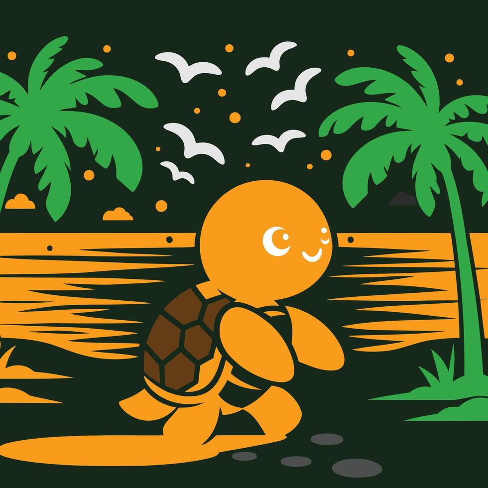 A Cartoon Turtle On The Beach With Palm Trees. vector