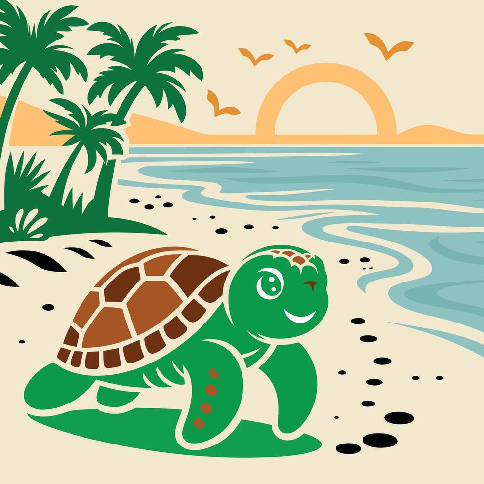 A Turtle On The Beach With Palm Trees And A Sunset. vector