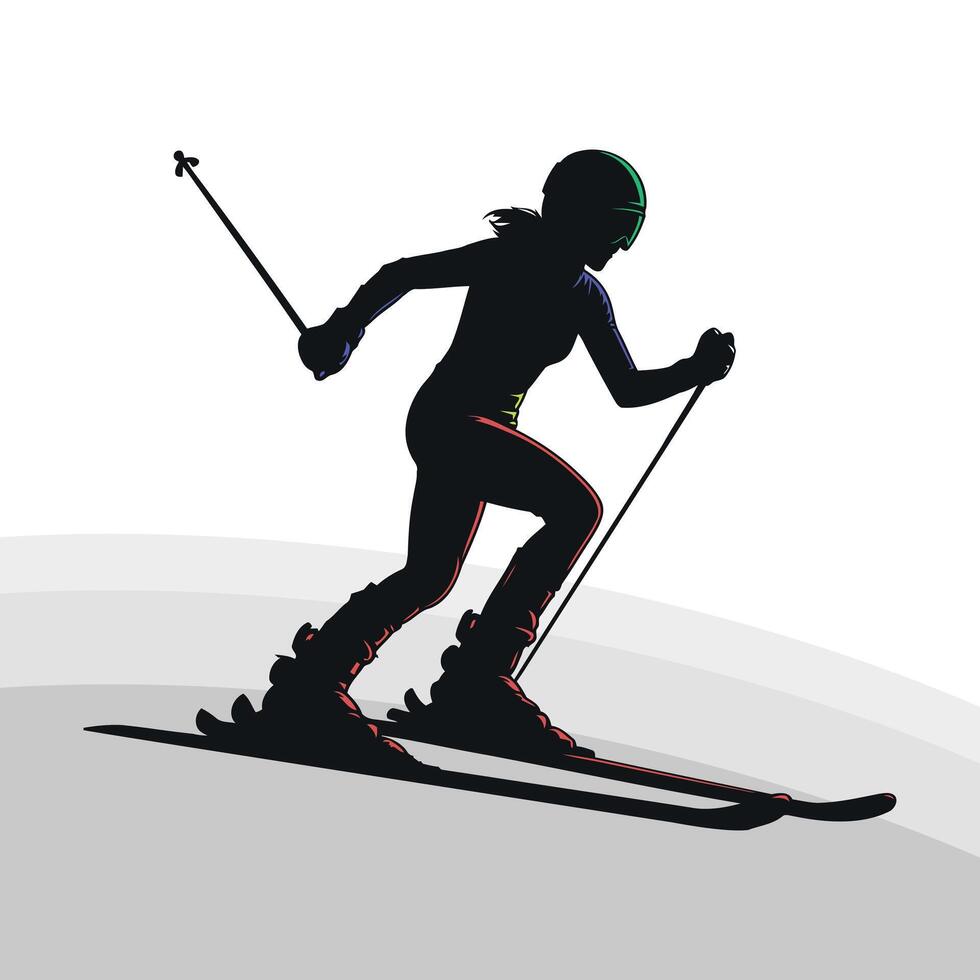 A Woman Is Skiing Down A Hill In The Snow. vector