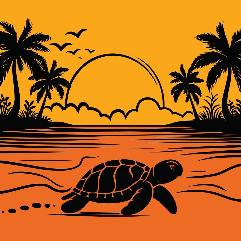 A Turtle And Palm Trees On An Orange Background. vector