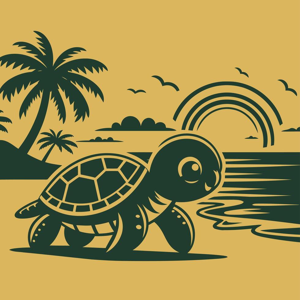 A Turtle On The Beach With Palm Trees And A Rainbow. vector