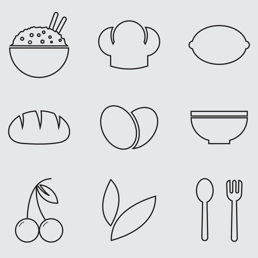 Set of simple icons on the theme of food and kitchen. outline illustration and silhouette vector