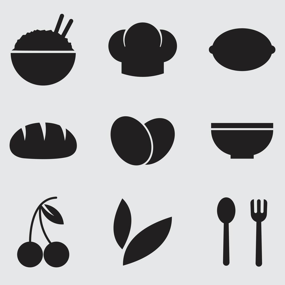 Food icon set on grey background. Food icons set. Fill illustration and silhouette vector