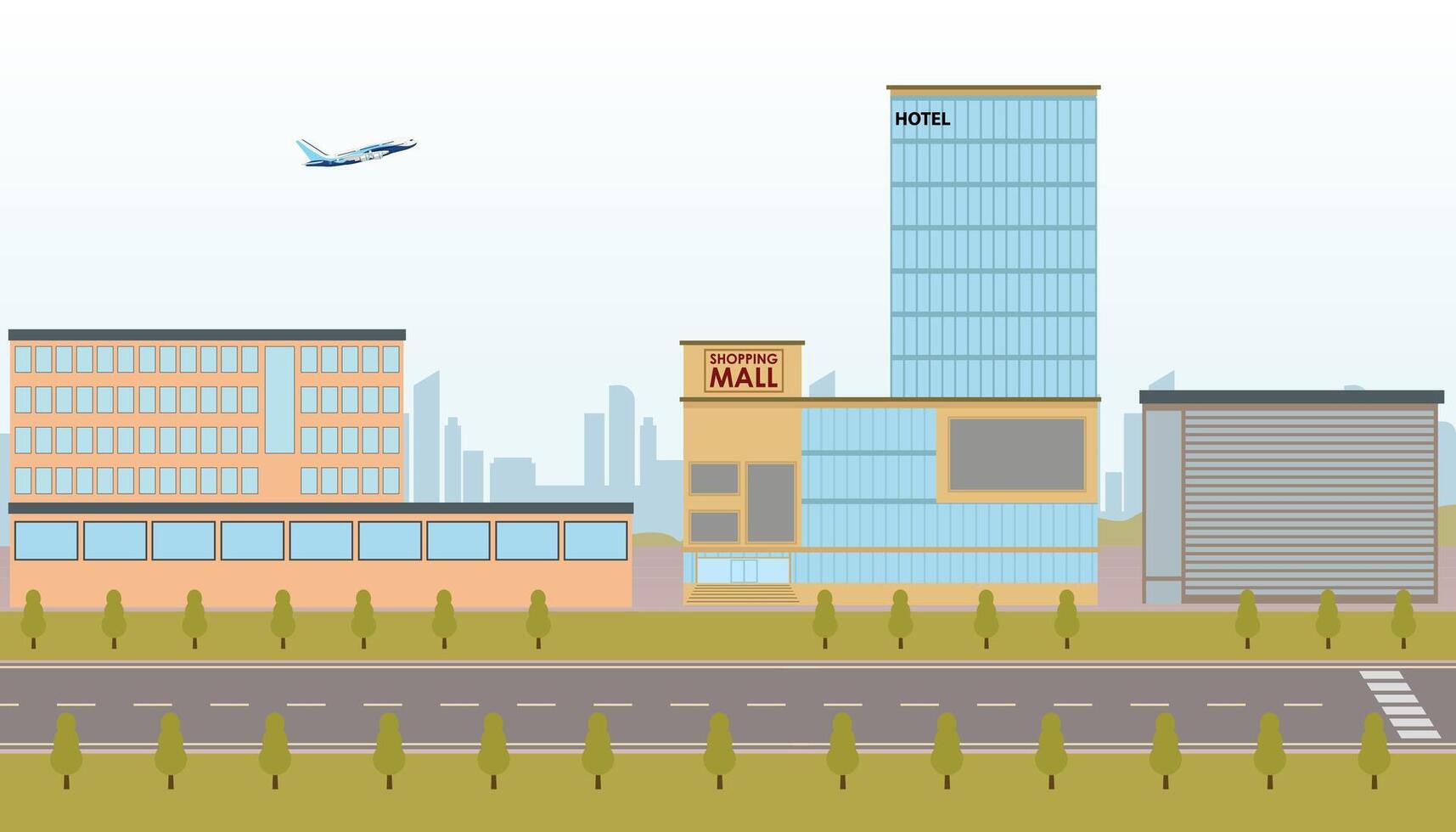 Cityscape with office, mall, hotel and skyline illustration vector