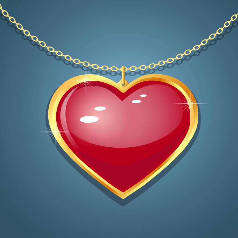 Pendant - heart on the chain. Red colored heart shape gemstone. illustration. On a dark background. Isolated object. vector