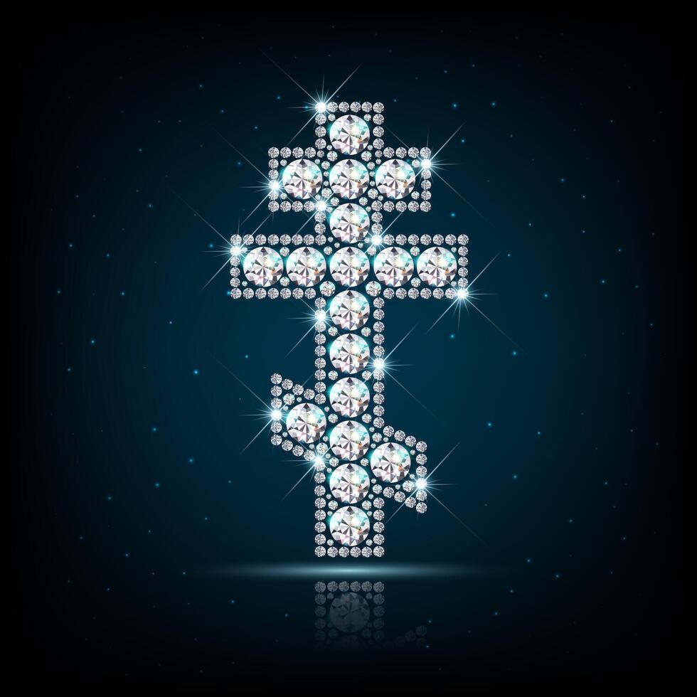 Orthodox cross made of diamonds on a neon background. Easter illustration. Realistic style. vector