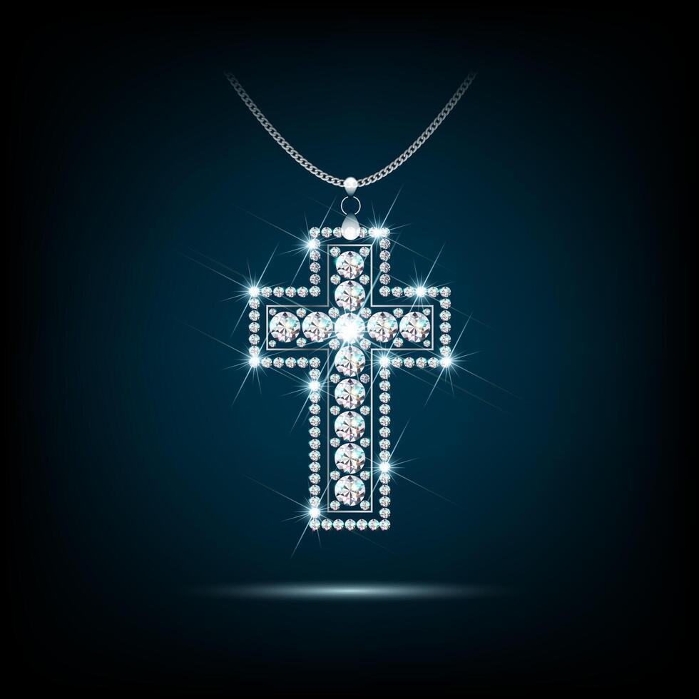Religious cross made of sparkling diamonds. Realistic dark background vector
