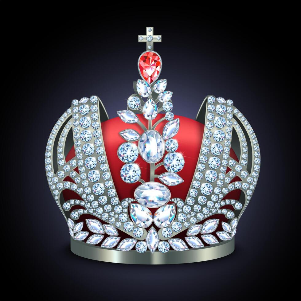 Imperial crown with ruby. Luxurious headdress for the coronation of the monarch in white gold, diamonds and spinel. 3D realistic image isolated on white background. illustration. vector