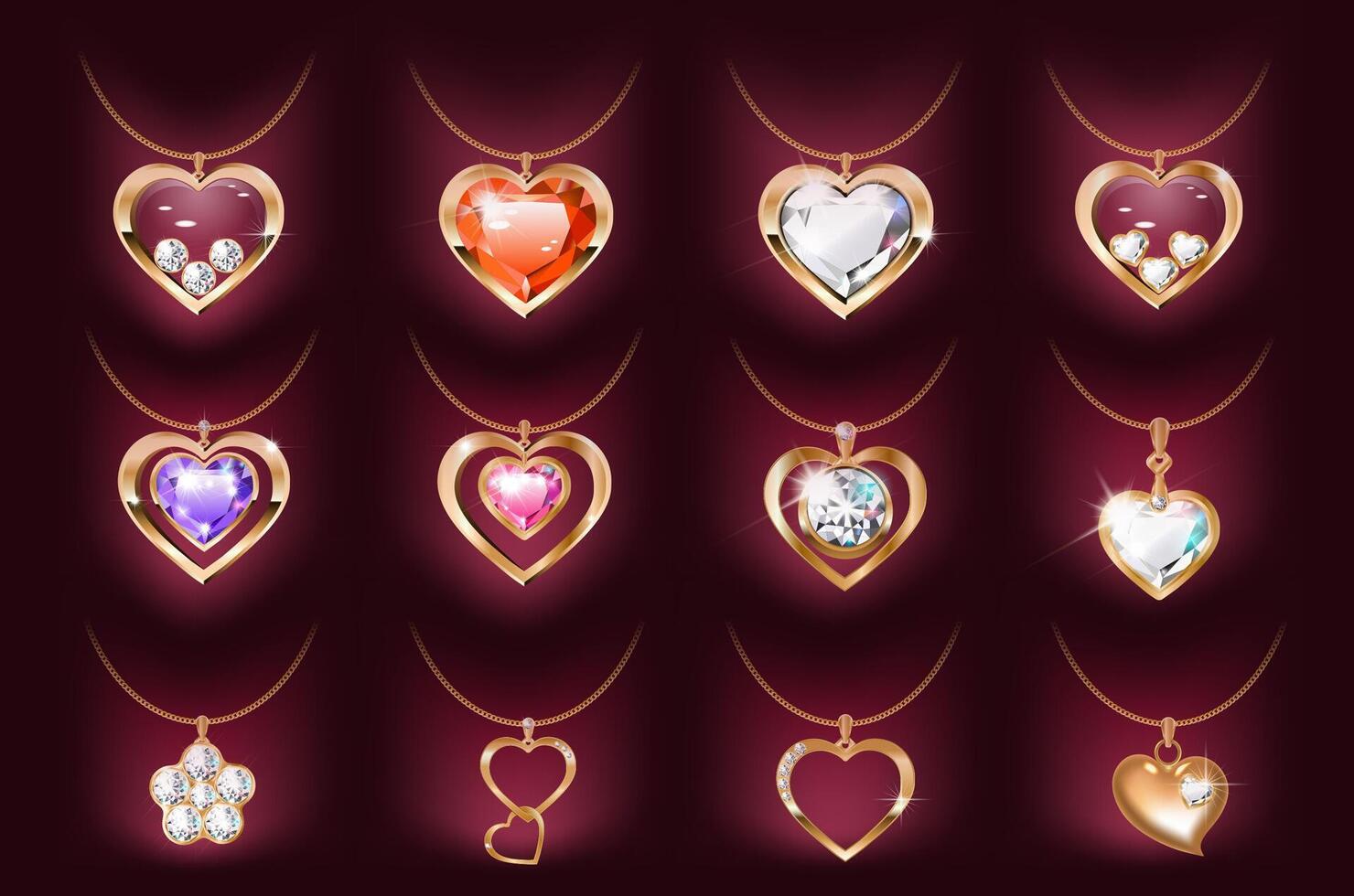 Set of 12 Necklace with a heart pendant on a gold chain. With precious stones and diamonds in gold. Decoration for women. Isolated on a dark background. illustration vector