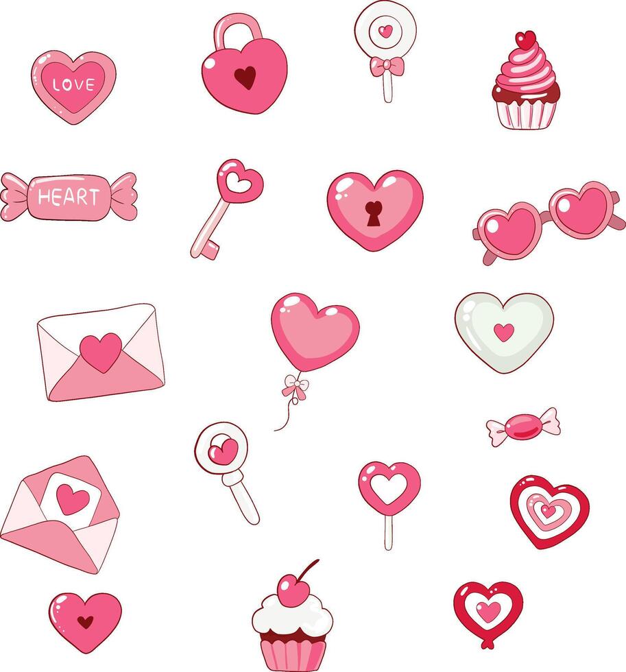 Heart-Themed Romantic Illustrations Featuring Cute Locks, Keys, Balloons, Sweets, and Letters for Whimsical Designs vector