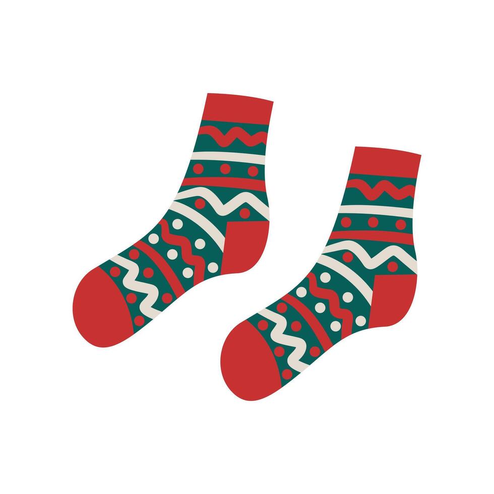 Christmas socks with different textures isolated on white background. illustration. Knitted socks icon different colors and sizes . Cozy winter,autumn and could season time . vector
