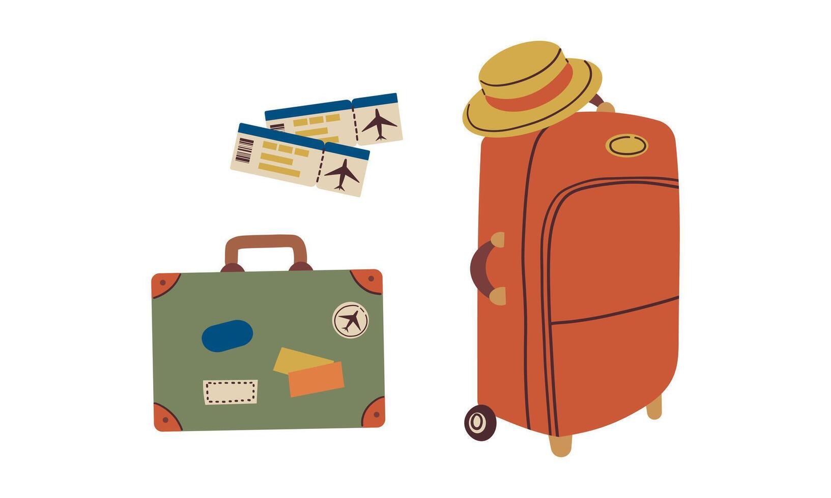 Two airline luggage hangs from a suitcase , airline tickets . Travel luggage hand drawn illustration isolate on white. Flat style travel illustration ,cozy elements poster concept. vector