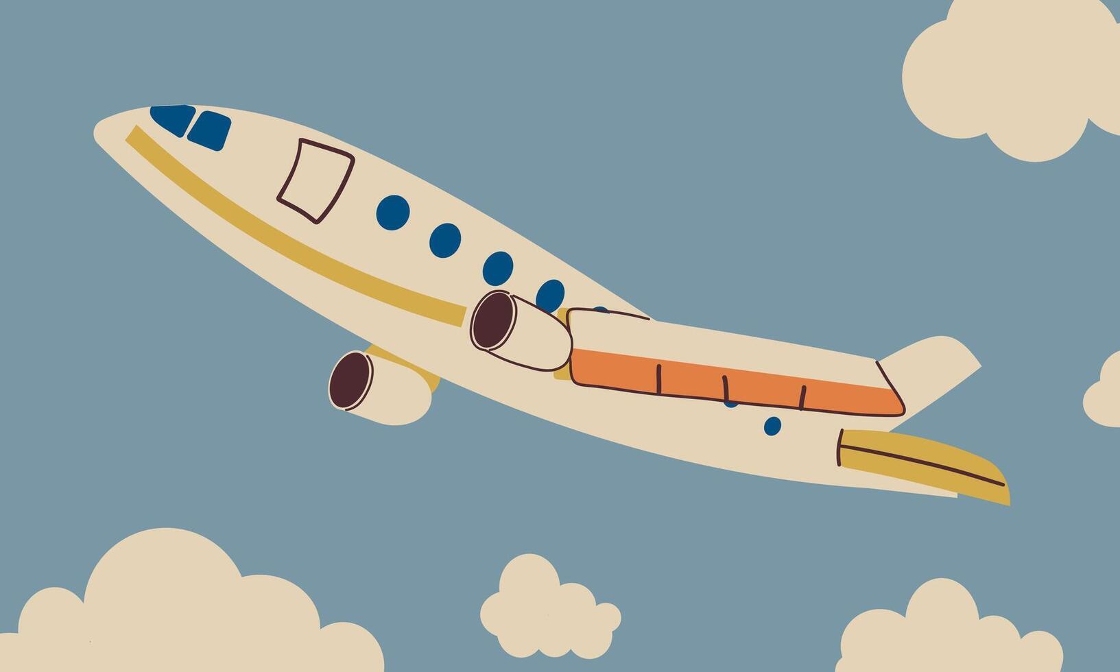 Cartoon cute doodle flat hand drawn illustration isolated airplane .Cartoon travel illustration, airplane on sky with cloudiness . vector