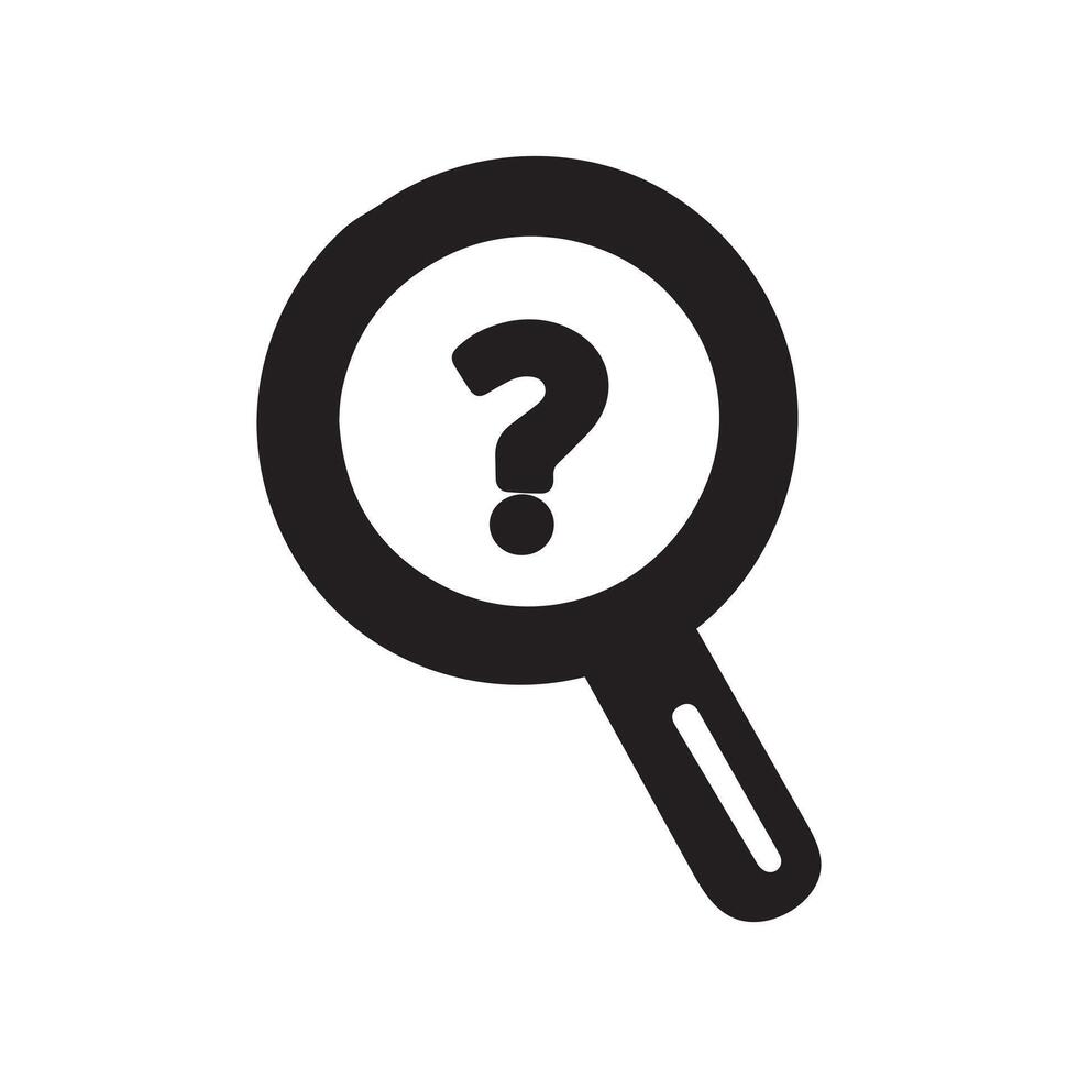 A magnifying glass icon with a question mark at the center. vector