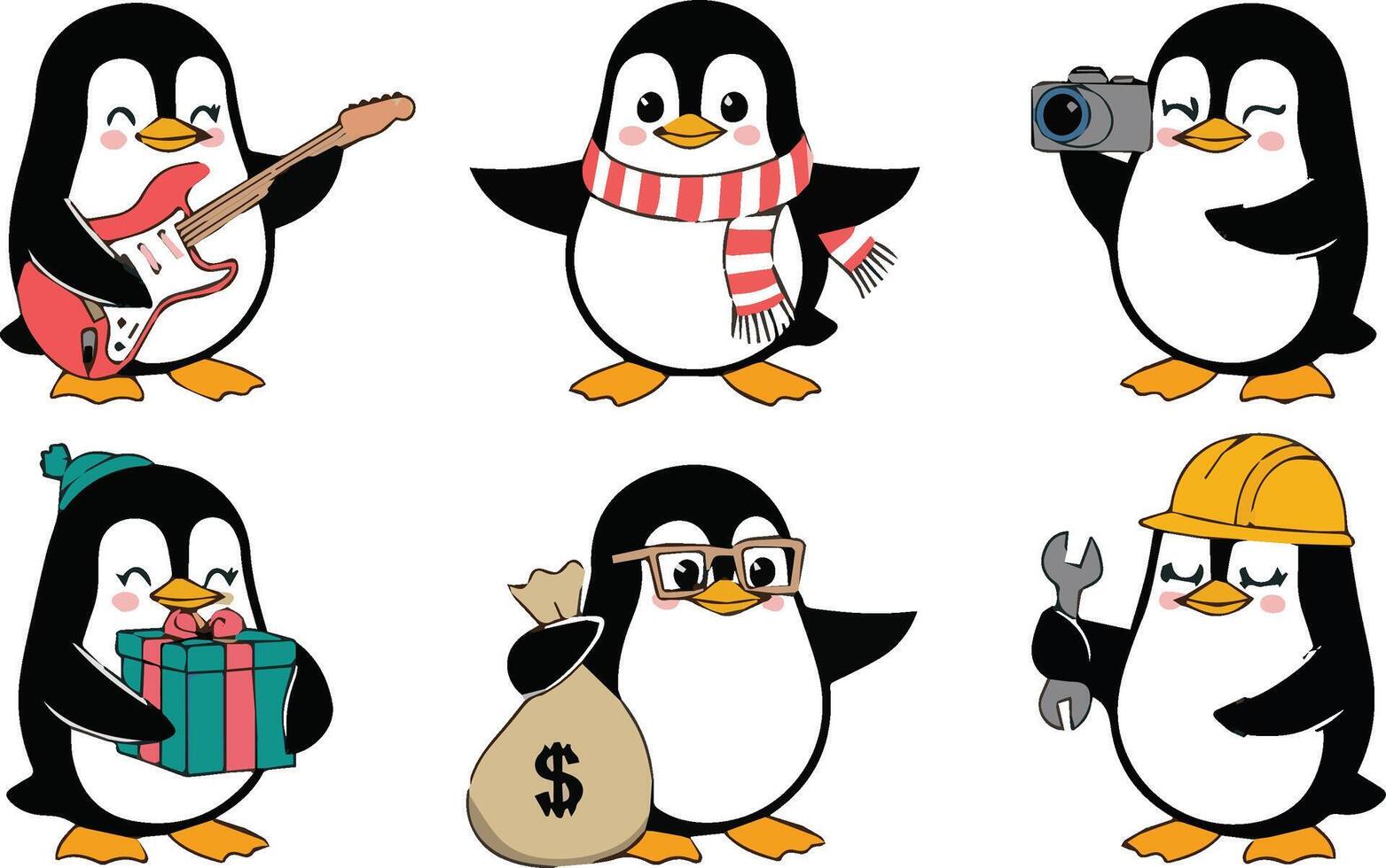 Six cartoon penguins, each in a different pose and profession vector