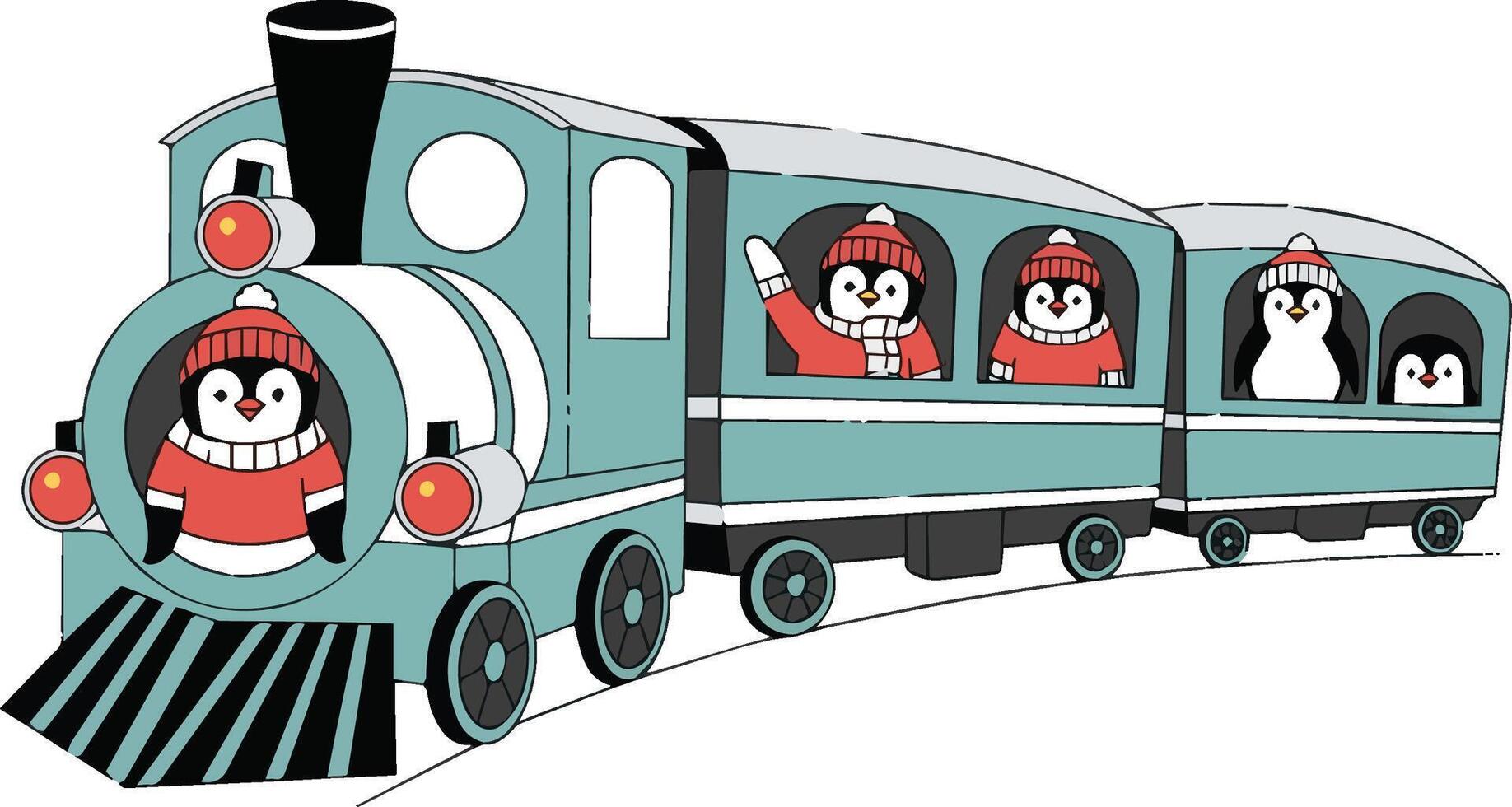A cartoon train with three penguins riding in the cars vector