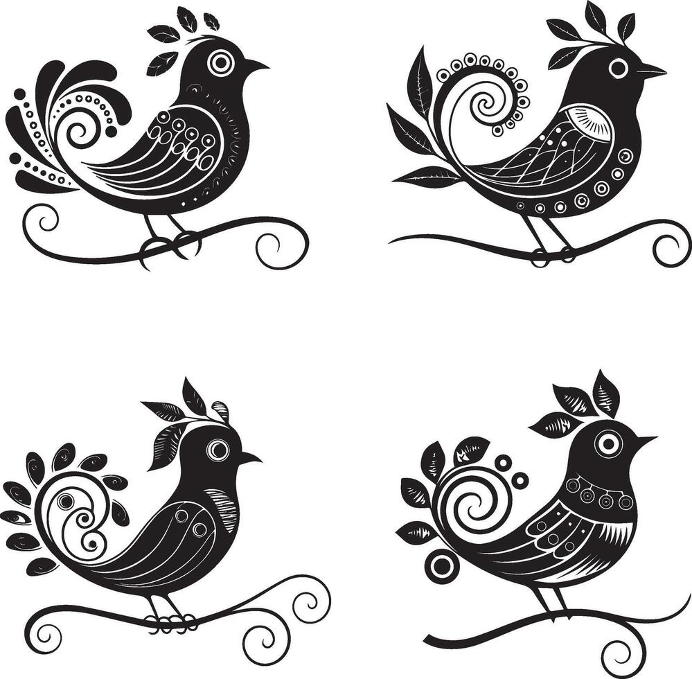 Stylized black and white bird illustration set vector